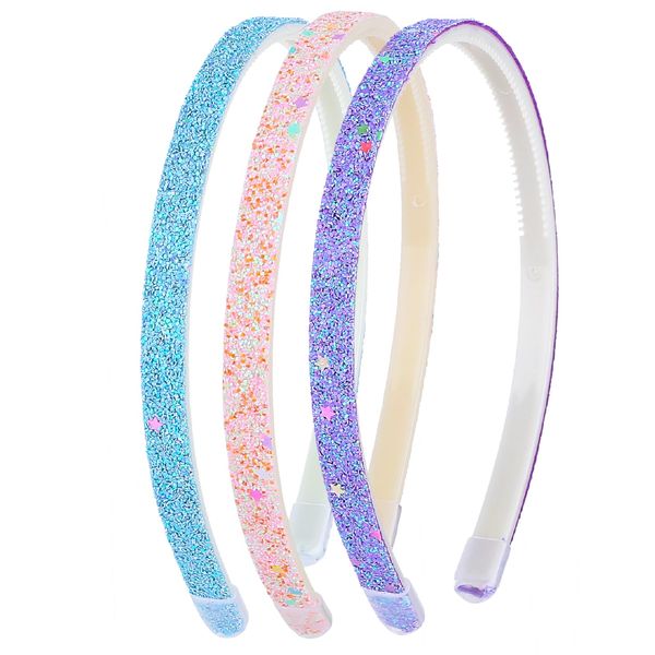 WLLHYF Glitter Headband, Plastic Cute Sparkly Non Slip Head Bands with Teeth, Colorful Confetti Rainbow Bling Sweet Hard Hairbands, Little Girl Hair Accessories (3, Pink + Blue + Purple)