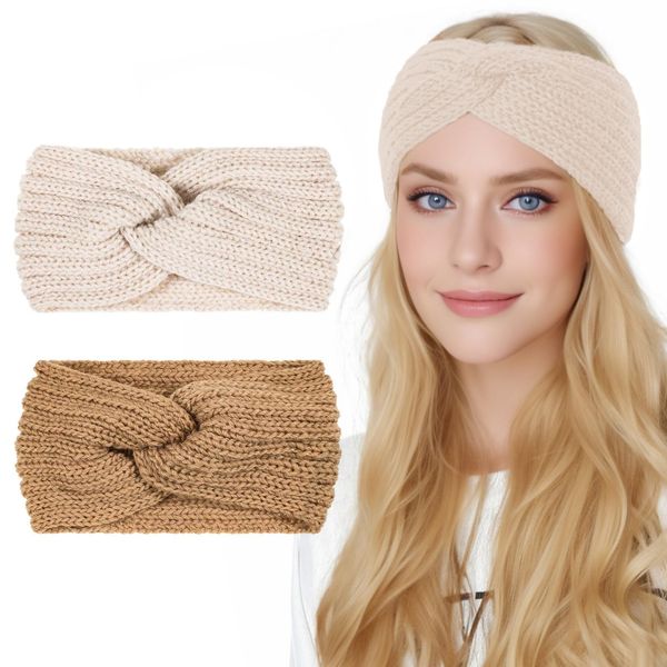 Moguri 2Pcs Stirnband Damen Winter Strick,Stirnband Kinder Mädchen,Stirnbänder Strick, Haarband Ohrenwärmer Elastische, Herbst Und Winter Vielseitig Stirnband Damen