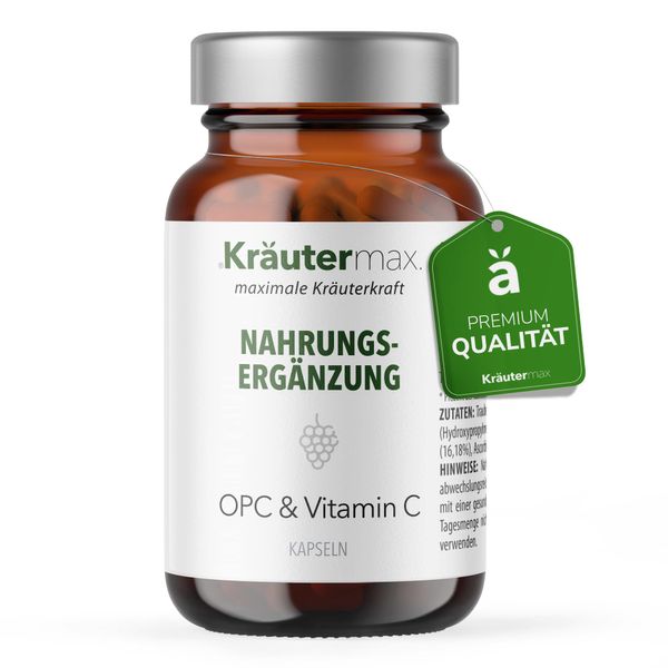 NEU! Kräutermax OPC Traubenkernextrakt und Vitamin C Kapseln | OPC Traubenkernextrakt hochdosiert mit Taurin, Kieselerde und Vitamin C | Natürlich Vegan nach Kräutermax Manier | 1 x 90 Stück