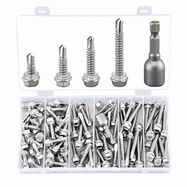 Litorange 101 PCS M5.5 Stainless Steel Self Drilling Hex Head Screws with Gasket, 4 Sizes of Hex Head Self Tapping Screws with Socket M5.5 * 25 38 45 50 mm, Boxed