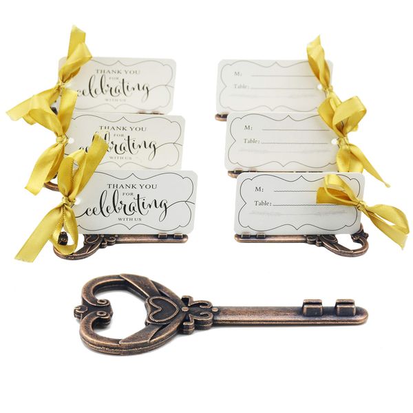 Aokbean 50pcs Skeleton Key Bottle Opener Place Card Holder for Weddings Table Name Cards for Guests Souvenirs with French Ribbon (Antique Copper)