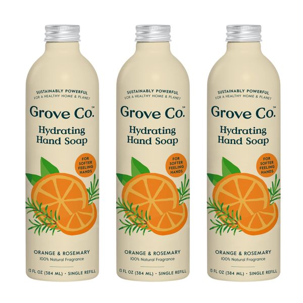 Grove Co. Hydrating Gel Hand Soap Refills (3 x 13 Fl Oz) Plastic-Free Liquid Hands Cleaner Refill Set, Leaves Hands Soft and Clean, 100% Natural Orange & Rosemary Fragrance