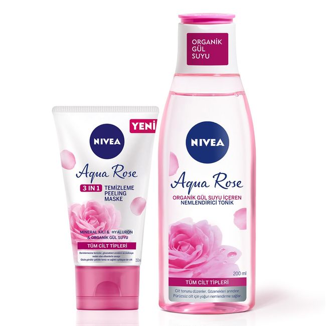 Aqua Rose Yüz Temizleme Seti,Tonik 200ml,Yüz Temizleyici Jel,Gül Suyu,Makyaj Pamuğu Hediye