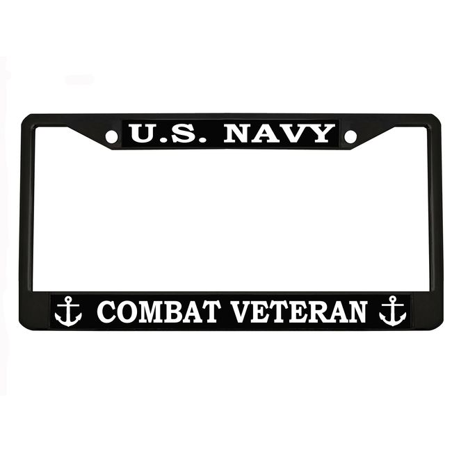 U.S. Navy Combat Veteran Auto License Plate Frame Tag Metal Chrome/Black (2BLACK/White)