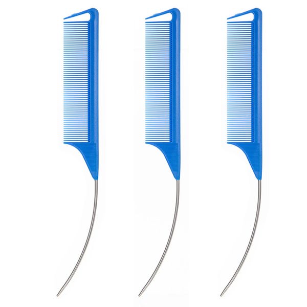 3 Pcs C Curved Rat Tail Combs Parting Rat Combs Teasing Fine Tooth Comb with Bend Steel Needle Carbon Fiber Pin Tail Comb for Hair Styling Tools Hair Comb for Parting Women Barber Girls (Blue)