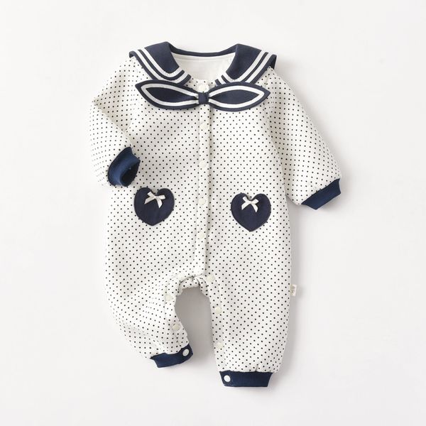 Baby Polka Dot Pattern Bow Patched Design Romper Jumpsuit - 59 (0-3M) / Navy Blue (Dark Blue)