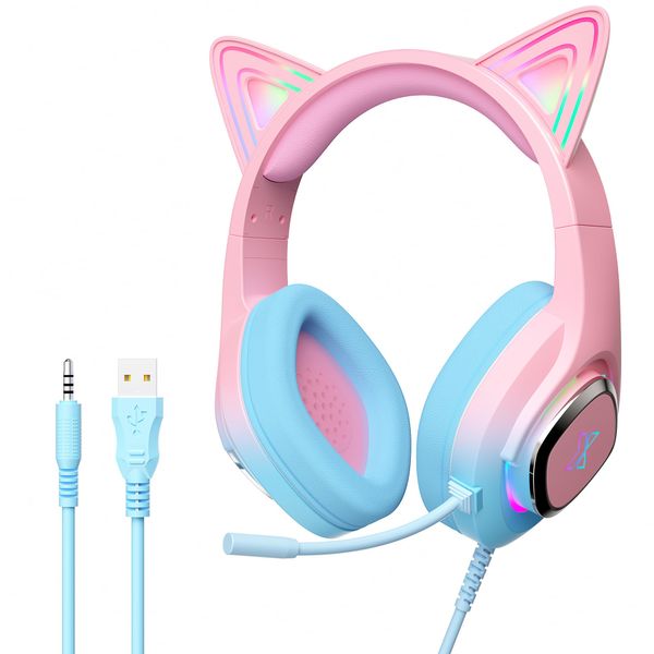 Mytrix Cat Ear Gaming Headset Compatible with PS4, PS5, Xbox, PC, MAC, Switch, Gradient Pink Blue Wired Headphones with 360° Rotation Microphone, Surround Sound, Soft Earmuff, RGB Light Effect