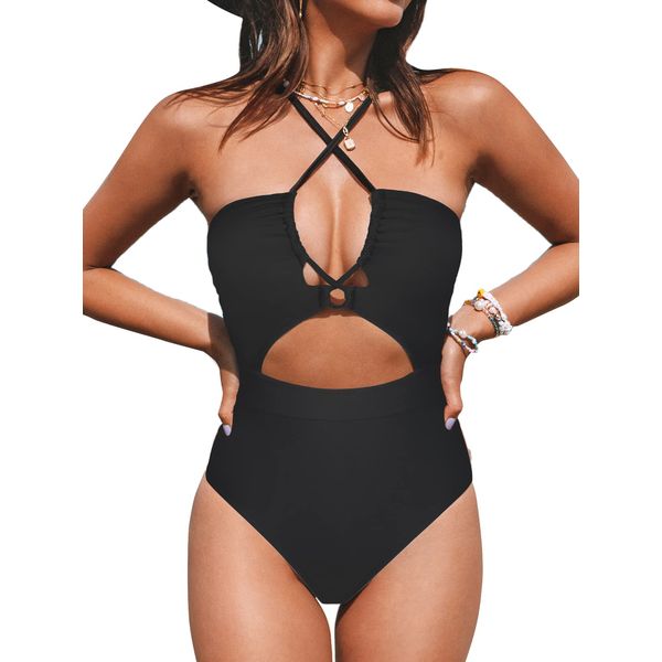 CUPSHE Women's One Piece Swimsuit Plunge Neckline Cutout Criss Cross Bathing Suit Sexy Swimwear Black M