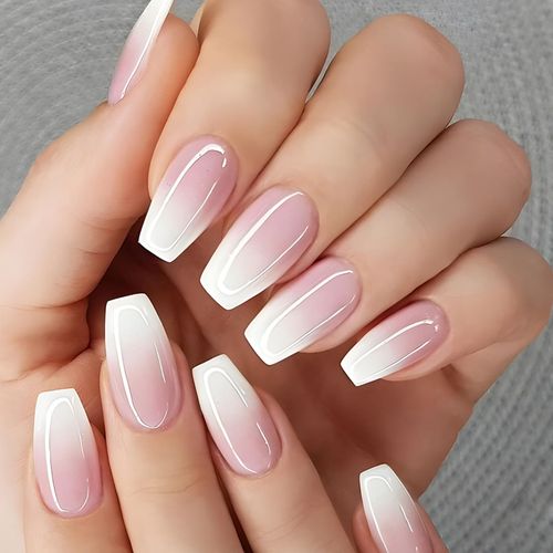 Ceboic 24Pcs French Tip False Nails, Medium Length Coffin Full Cover Acrylic Press on Nails, Glossy Natural Fake Nails, Removable Stick on Nail for Women and Girls - Gradient Pink White