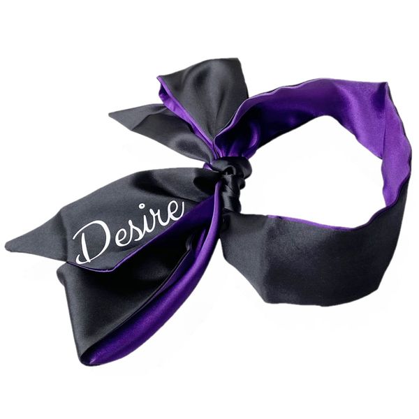 Blindfold Restraint Sleepmask in Black + Purple Colour and White Desire Print.