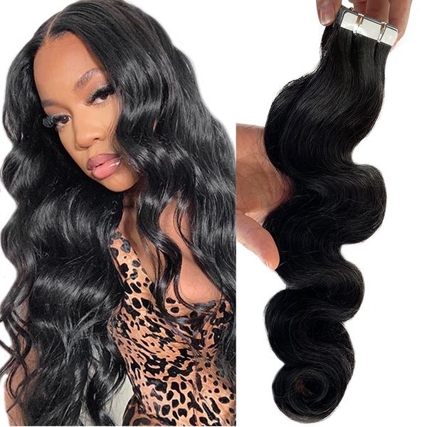 Body Wave Tape in Hair Extensions Human Hair 26 Inch Invisible Tape in Tracks Hair Extensions Curly Tape ins for Black Women Human Hair PU Weft Tape in Human Hair Extensions 20 Pieces Tape ins Hair