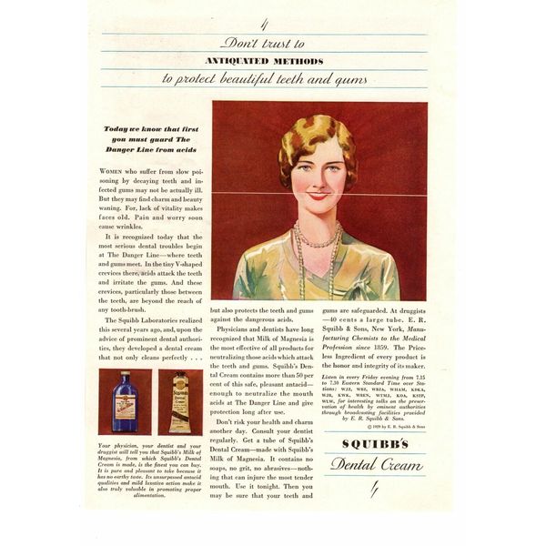 1929 E.R. Squibb's Dental Cream & Milk Of Magnesia Woman Pearls Color Print Ad