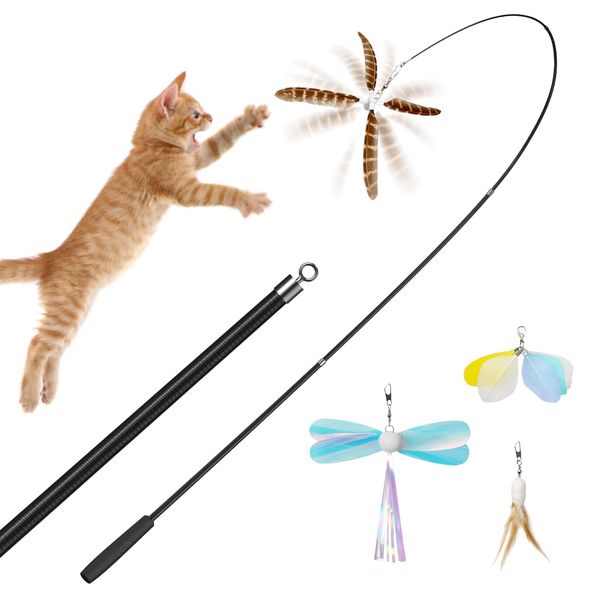 uahpet Natural Feather Cat Toys for Indoor Cats Retractable Cat Wand 60inch Safe Hunting Distance Interactive Toys for Kittens with 4Pcs Senses Replacement Teasers Arouse Cat Desire to Hunt