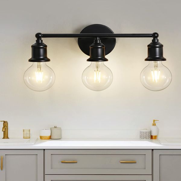 Eietonte 3-Light Vanity Light Fixture, Industrial Black Wall Sconce Light Fixture, Farmhouse Bathroom Wall Lighting for Over Mirror, E26 Base Wall Lamp for Bathroom Bedroom Hallway (Bulb Not Included)