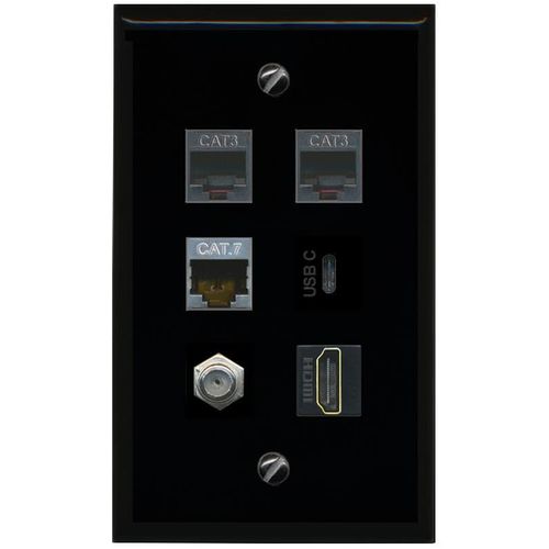 RiteAV CAT7 Coax HDMI 2 Phone USBC Flat/Solid Wall Plate [Black]