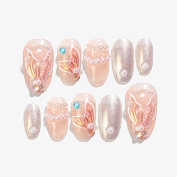 Sun&amp;Beam Nails Handmade Nail Tips Medium Long Oval False Nails Pink Skin-tone Mermaid Design Popular Stylish Cute False Nails Pack of 10 (#104 XS)