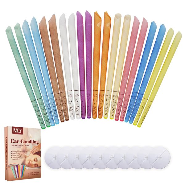 MQ Ear Candles,20 Pcs Ear Wax Remover All Natural Ear Candles Beeswax Candling Cones with 10 Protective Disks (10 Colours)