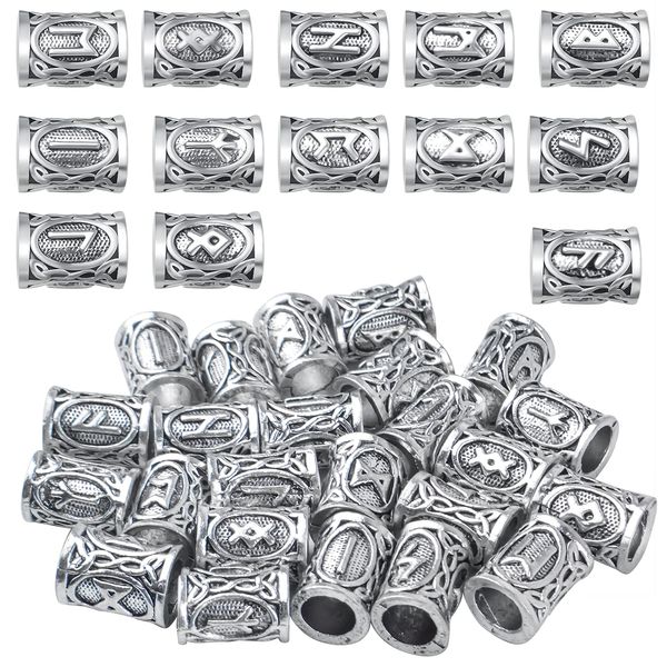 24pcs Mixed Vikings Runes Beads Hair Beard Beads Antique Silver Dreadlocks Beads Hair Tube Beads for Hair Braiding Bracelet Pendant Necklace DIY Jewelry