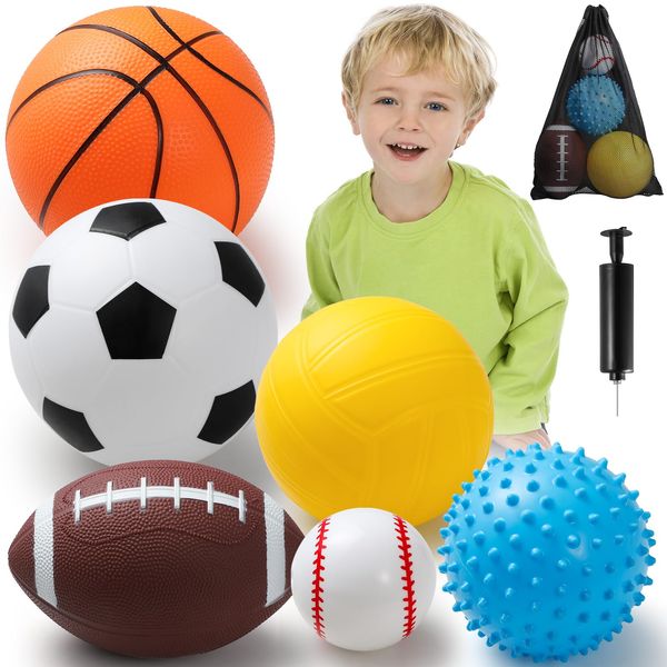 PEFOOK Balls for Toddlers 1-3,Toddler Sports Toys with Bag, 6 Pcs Inflatable Balls Includes Soccer, Basketball, Football, Baseball, Playground Ball, Volley Ball, Suitable for Baby Small Hands to Grab