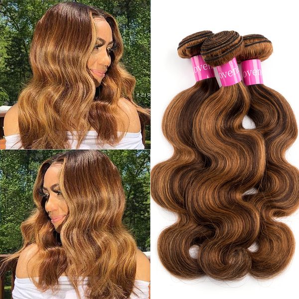 Lovenea Ombre Highlight Human Hair Bundles Brazilian Body Wave 3 Bundles 26+28+30 inch 10a 100% Virgin Brazilian Human Hair Bundles Piano Color 4/27 (26 28 30, P4/27)