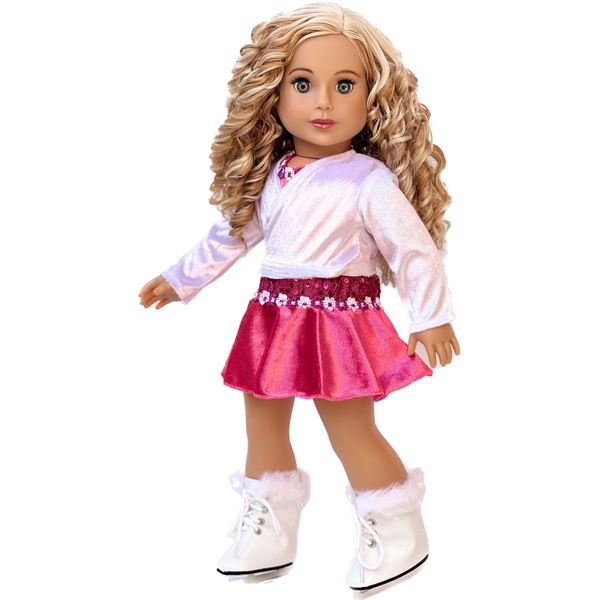 - Ice Skating Girl - 4 Piece Ice Skating Outfit Fits 18 Inch Doll - Pink Leotard with Skirt, White Warmup Sweater and White Ice Skates - 18 Inch Doll Clothes (Doll Not Included)