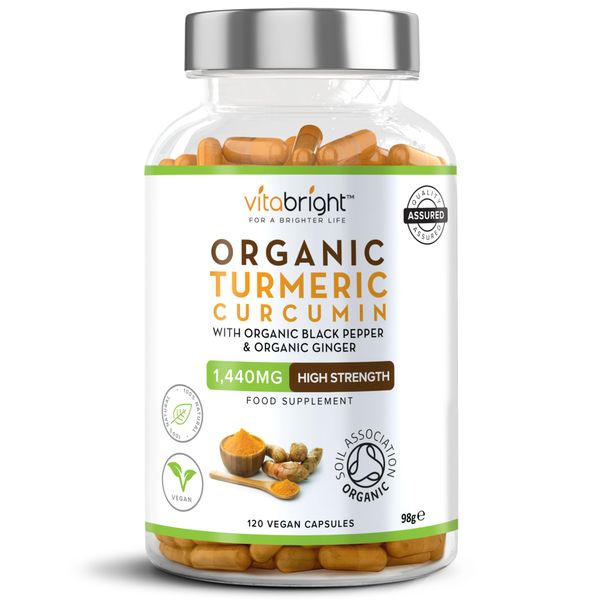 Organic Turmeric Curcumin - High Strength - 1440mg Per Serving - with Organic Black Pepper & Organic Ginger - Soil Association Certified Organic - 120 Vegan Capsules (not tablets) - VitaBright