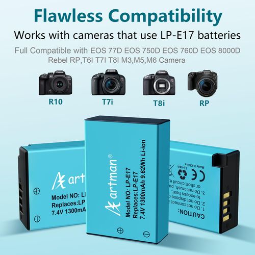Artman LP-E17 Battery 3-Pack 1300mAh and 3-Slot LCD Charger for Canon EOS R50 R8 R10 RP R100, Rebel T8i T7i T6i T6s SL2 SL3, EOS M3 M5 M6, EOS 77D 200D 250D 750D 760D 800D 8000D Digital Camera