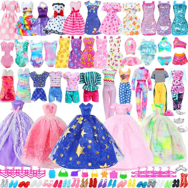 65 Pcs Doll Clothes and Accessories Set 5 Fashion Dresses, 3 Wedding Party Gowns, 5 Slip Skirts, 4 Tops Pants Outfits, 3 Bikini Swimsuits, 20 Shoes, 20 Hangers, 5 Crowns for 11.5 Inch Girl Dolls Stuff