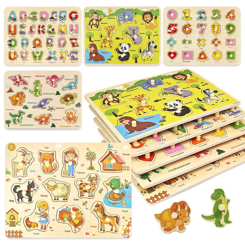 edutree Wooden Peg Puzzle for Toddlers 2-4, 5 Pack Montessori Toys ...