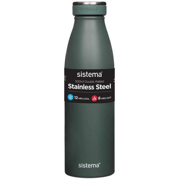 Sistema Hydrate Stainless Steel Water Bottle | 500 ml Leak-Proof Reusable | BPA & Phthalate Free | Double Wall Vacuum Insulation | Keeps Cold for 12 hrs, Hot for 6 hrs | Assorted Colours