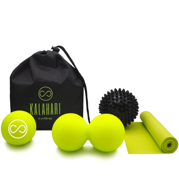 Kalahari Massage Ball Set, 4 in 1 Plus Exercise E-Book in English - Peanut, Lacrosse, Spiky Ball, Resistance Band and Bag - Deep Tissue Muscle Massage & Trigger Point Therapy