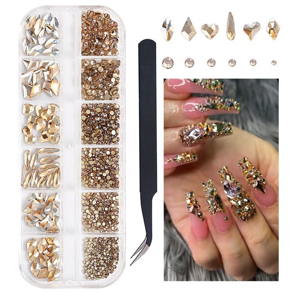 SUTOKAKA 1 Box Champagne Gold Nail Art Rhinestones Multi Shapes 3D Flatback Bedazzling Crystals Non Hotfix Nails Gems Stones with Tweezer Picker Pencil for Manicure Face Eyes Makeup DIY Crafts