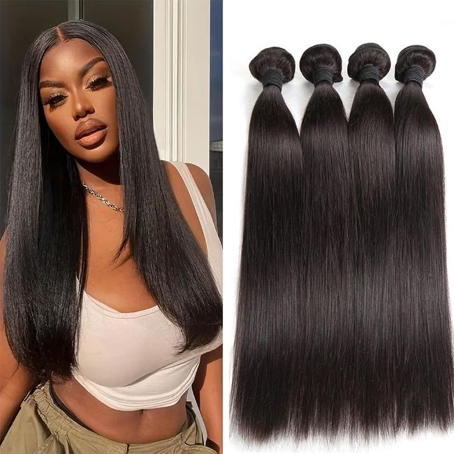 RLNNRS Straight Human Hair Bundles 14 14 16 16 Inch 10A Human Hair Bundles Straight Bundles Human Hair 100% Unprocessed Brazilian Virgin Weave 4 Bundles Deals Thick & Tangle Free Natural Black Color