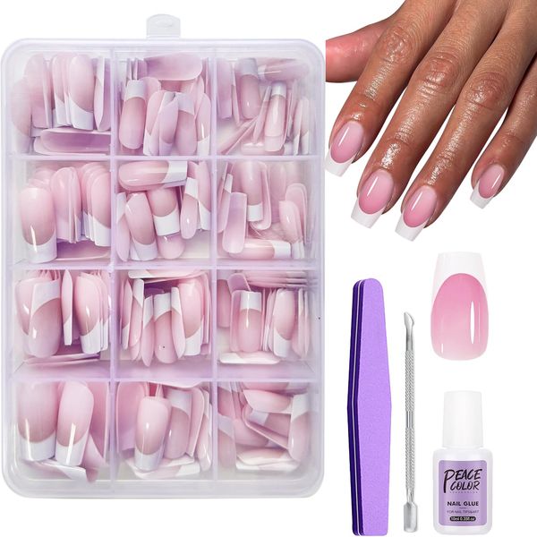 240Pcs Coffin French Press on Nails - French False Nails - 12 Sizes French Tip Fake Nails with Glue - Full Cover Glue on Nails for Women French White Tip Nail Art