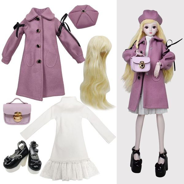 Proudoll 1/3 BJD Doll Clothes Outfit Set - Handcrafted Stylish Purple Coat, Beret, Dress, Wig, Leather Bag and High Heel, Compatible with 1/3 60cm 24in SD Dolls