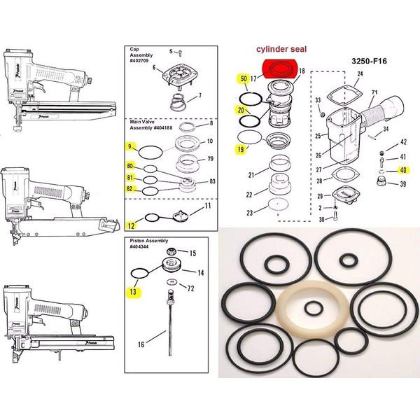 O-Ring Rebuild Kit for Paslode 3250 F16 Finish Nailer With Cylinder Seal 402725