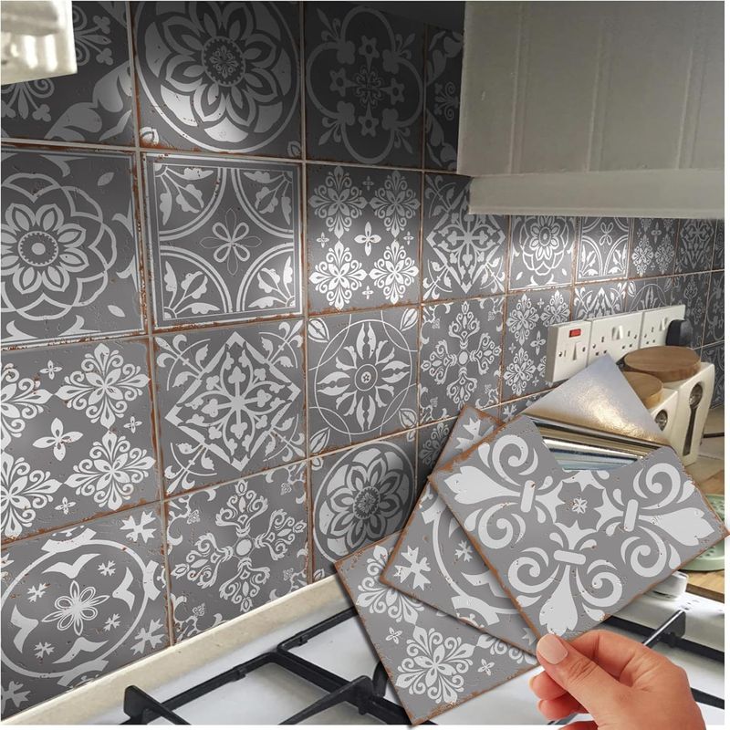 72 Grey Tile Stickers Victorian Moroccan Mosaic Tile Transfers for ...