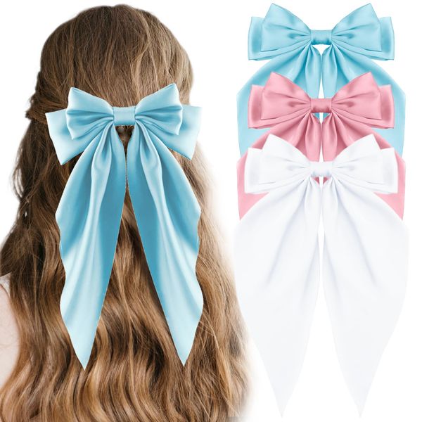 CAVETEE 3 Pcs Big Hair Bows for Women, Silky Satin Hair Bows Accessories Hair Ribbons Oversized Long Tail Hairbows Bow Hair Clips for Woman and Girls (Blue/Pink/White)