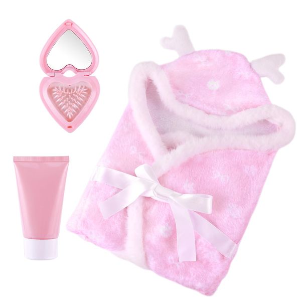 BABESIDE 3 Pcs Reborn Baby Doll Blanket Set for 17-24 Inch Dolls, Newborn Baby Doll Swaddle Blanket with Foldable Hair Brush and Toy Skincare Bottle for Realistic Baby Doll Accessories, Pink