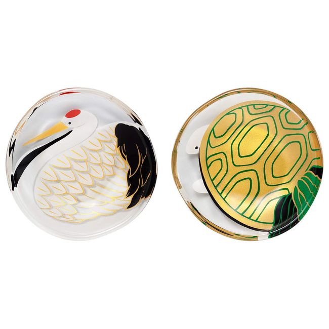 Aderia S-6308 Small Plate, Glass Plate, Mono Fukuju, Pair Set, Crane/Turtle, Round Plate, Bean Plate, Diameter 3.5 inches (9 cm), Made in Japan, Comes in a Cosmetic Box, Birthday Gift, Present