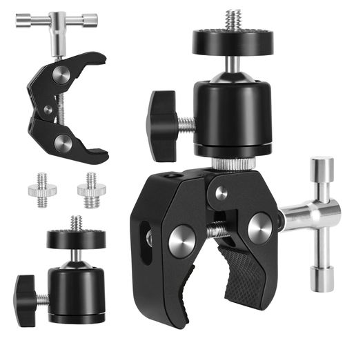 Super Clamp Tripod Set Articulated Ball Head Hot Shoe Tripod Head with 1/4 Inch 3/8 Inch Thread Adapter, Holes Adjustable Clamp Tripod for Cameras, Flash Light, Tripod, LCD/DV Monitor