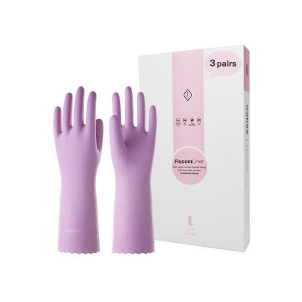 LANON 3 Pairs wahoo Skin-Friendly Cleaning Gloves, Dishwashing Kitchen Gloves with Cotton Flocked Liner, Reusable, Non-Slip, Mauve Mist, Medium