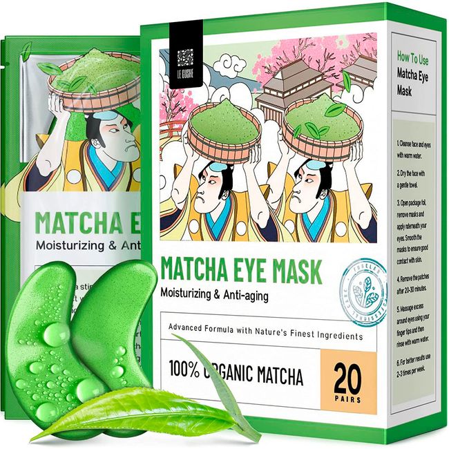 LE GUSHE Under Eye Patches - Matcha Under Eye Mask Anti-Aging Hyaluronic Acid Collagen Under Eye Pads Reducing Dark Circles & Wrinkles Treatment Gel Bags (20 pairs matcha)