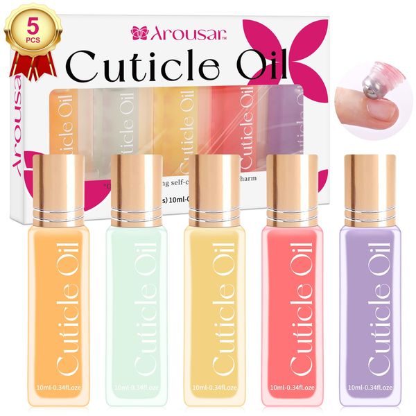 Arousar Cuticle Oil, 5pcs Nagelöl 10ml Nagelhautöl Set, Rollerball-Applikator für Nägel, natürliches Nagelhautpflegeset, ätherische Öle für Nägel, glättend, nährend feuchtigkeitsspendend, süße Mandel