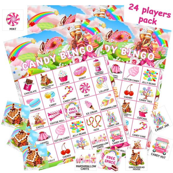 Shappy 35 Pieces Candy Party Bingo Games 24 Players Candyland Party Favors Candy Land Ice Cream Donut Lollipop Bingo Cards for Sweet Birthday Theme Party Games Gifts Supplies