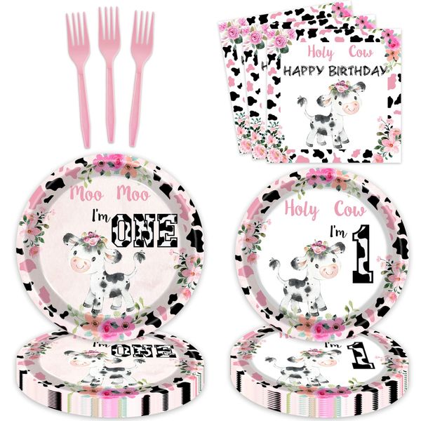 80 Pcs Holy Cow I'm One Girls Birthday Decorations Moo Moo I'm One Paper Dinner Plates Napkins Forks Dinnerware for Farm Animals Cow Themed Girls Baby Shower 1st Bday Party Supplies