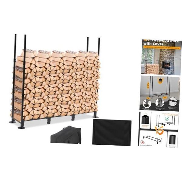 4 ft Firewood Log Rack Oudoor with Cover Fireplace Wood Storage Racks Metal