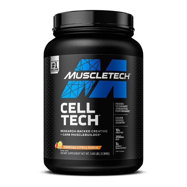 Creatine Monohydrate Powder MuscleTech Cell-Tech Creatine Powder Post Workout Recovery Drink Muscle Builder for Men & Women Musclebuilding Supplements Tropical Citrus Punch, 3 lbs (27 Serv)