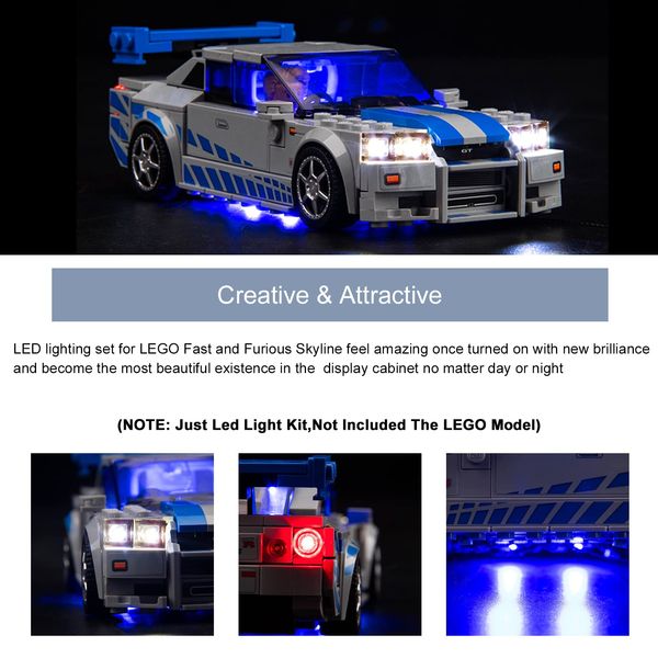 BrickBling LED Light Kit Compatible with Lego Speed Champions Fast & Furious Nissan Skyline GT-R (R34) Toy Car Building Set, Blue Underglow Lights Compatible with Lego 76917 (No Model)