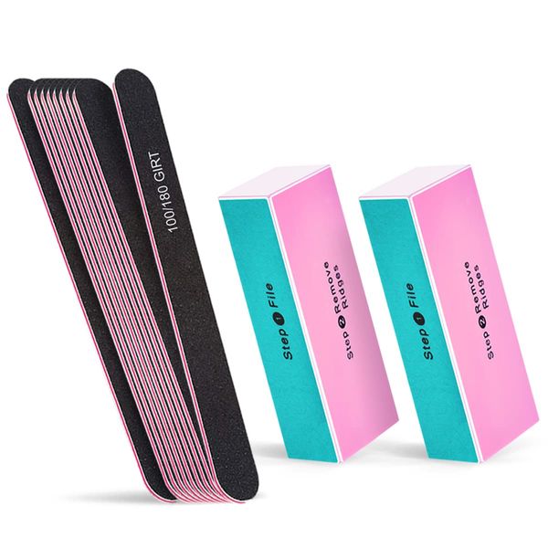 Nail File and Polishing Buffer Block Set,2pcs 4 Way Nail Buffing,Polish Nail Surface Shine Nail,Remove ridegs & 10pcs Double Sided 100/180 Grit Nail File Emery Board Filer,Nail Care Tools